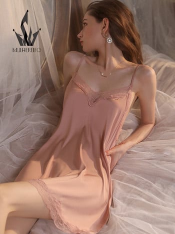 Mulherelfo Sexy Nightwear Lace V Neck Sling Nightdress Women Nighties Temptation Μεταξωτό σατέν Mini Sleep φόρεμα νυχτικά