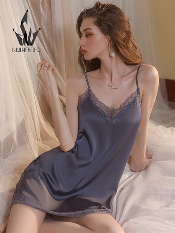 Mulherelfo Sexy Nightwear Lace V Neck Sling Nightdress Women Nighties Temptation Μεταξωτό σατέν Mini Sleep φόρεμα νυχτικά