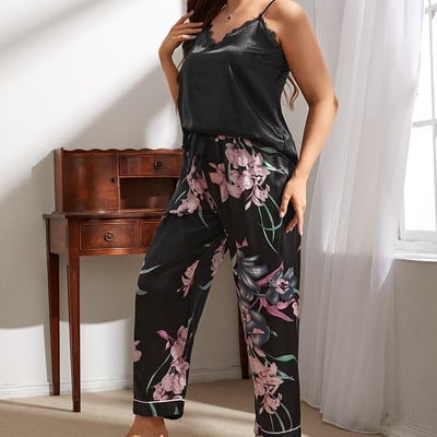 Γυναικεία ρούχα σε μεγάλο μέγεθος Γυναικείες πιτζάμες Πυτζάμες με στάμπα από πάγο μετάξι Φαρδύ κοστούμι σπιτιού για γυναίκες Ζαρτιέρες με ανοιχτή πλάτη σε πιτζάμα