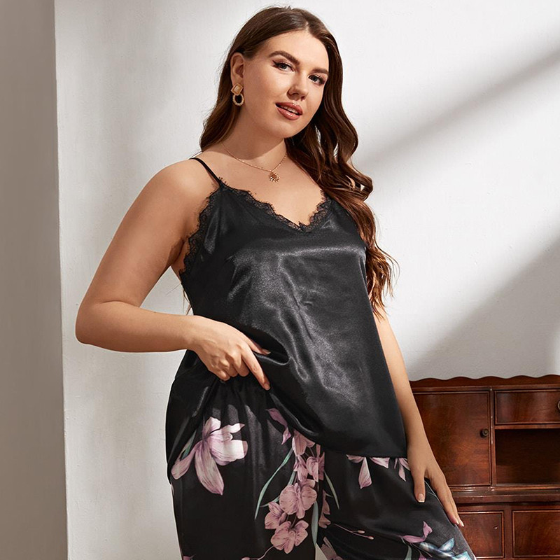 Γυναικεία ρούχα σε μεγάλο μέγεθος Γυναικείες πιτζάμες Πυτζάμες με στάμπα από πάγο μετάξι Φαρδύ κοστούμι σπιτιού για γυναίκες Ζαρτιέρες με ανοιχτή πλάτη σε πιτζάμα