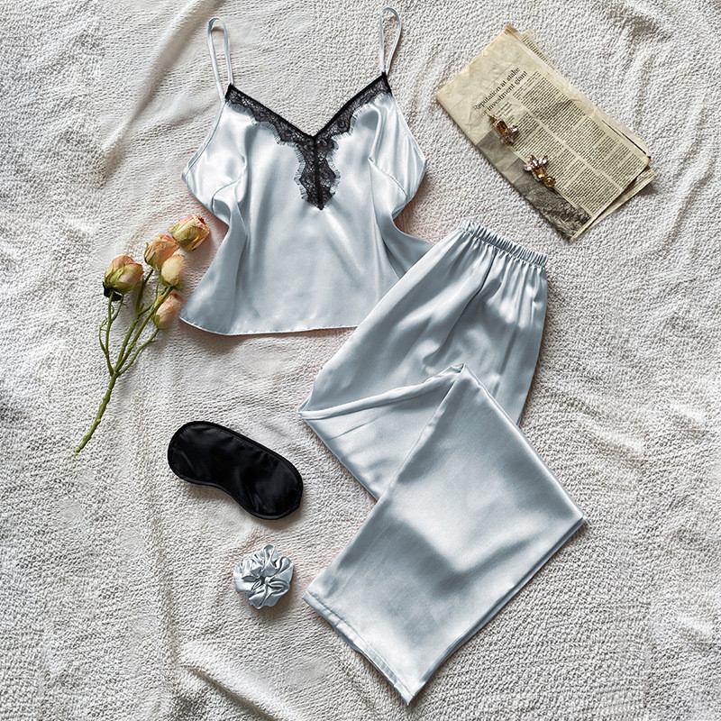 One Tie Front Ruffle Hem Satiin pidžaama komplekt koos hoiukotiga