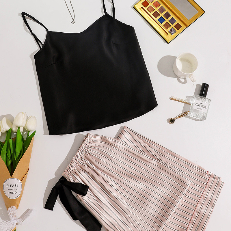 Női pizsama selyem hálóruha Harisnyatartó nadrág pizsama szett Női otthoni ruha Kényelmes nappaliruha Kétrészes