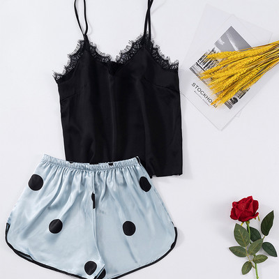 Sieviešu seksīgs mežģīņu satīna pidžamas komplekts ar V kakla izgriezumu Cami Pijama Sieviešu grezns elegance mājas apģērbs naktsveļa