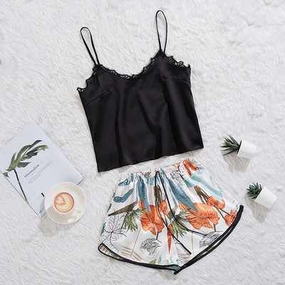 Sieviešu seksīgs mežģīņu satīna pidžamas komplekts ar V kakla izgriezumu Cami Pijama Sieviešu grezns elegance mājas apģērbs naktsveļa