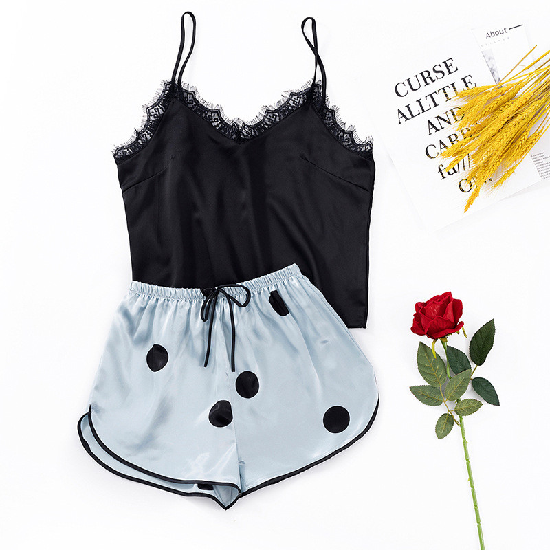 Sieviešu seksīgs mežģīņu satīna pidžamas komplekts ar V kakla izgriezumu Cami Pijama Sieviešu grezns elegance mājas apģērbs naktsveļa