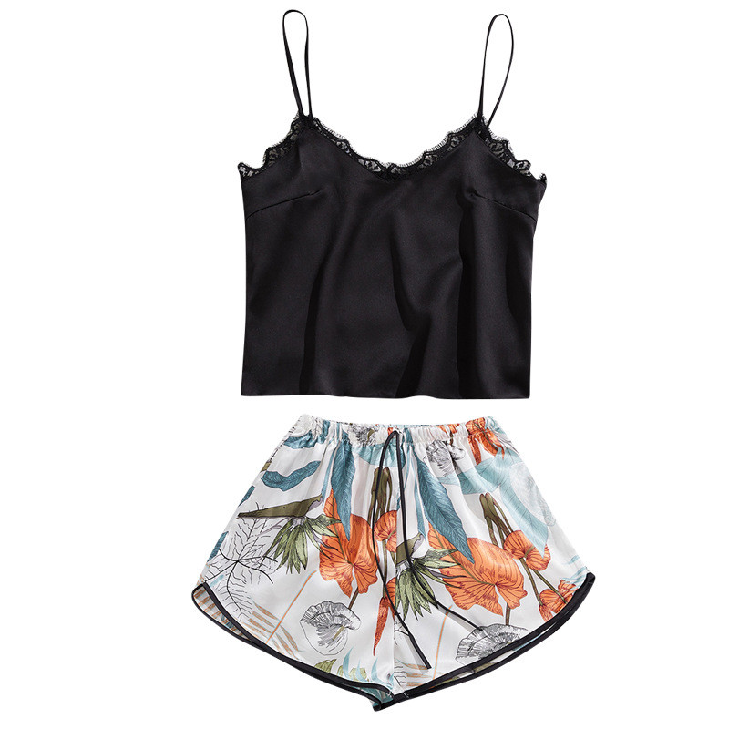 Sieviešu seksīgs mežģīņu satīna pidžamas komplekts ar V kakla izgriezumu Cami Pijama Sieviešu grezns elegance mājas apģērbs naktsveļa