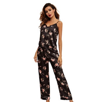 Floral Σατέν Πυτζάμες Γυναικεία Sleepwear Floral Nightwear Αμάνικη Πιτζάμες