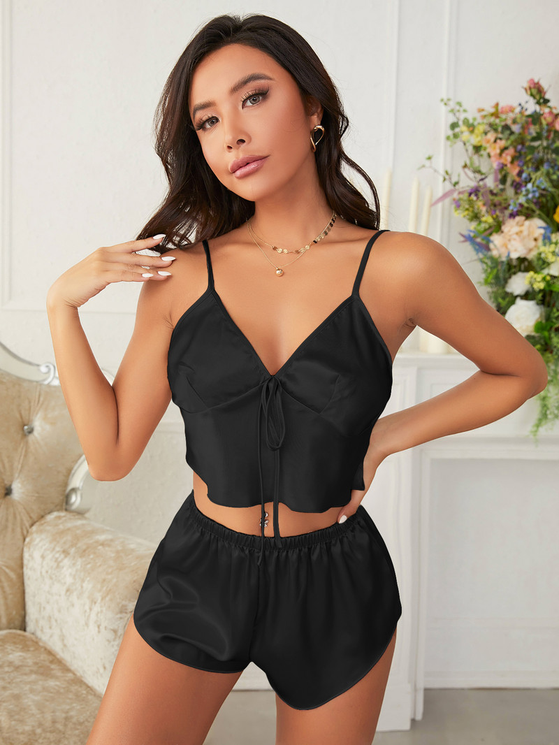 Felső szexi fehérnemű Camisole női divat pizsama selyem szatén Cami felső és rövidnadrág pizsama szettek