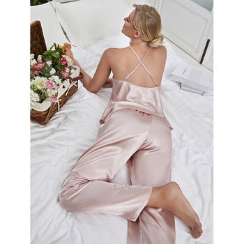 Σετ πυτζάμες σταυρωτής πλάτης Sexy Nightie WomanWomen Sleepwear Πυτζάμες Silk Satin Cami Top Πιτζάμες Σετ καλοκαιρινές πιτζάμες για γυναίκες