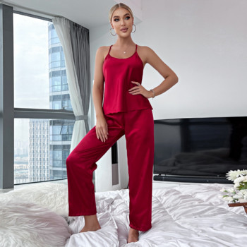 Σετ πυτζάμες σταυρωτής πλάτης Sexy Nightie WomanWomen Sleepwear Πυτζάμες Silk Satin Cami Top Πιτζάμες Σετ καλοκαιρινές πιτζάμες για γυναίκες