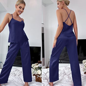 Σετ πυτζάμες σταυρωτής πλάτης Sexy Nightie WomanWomen Sleepwear Πυτζάμες Silk Satin Cami Top Πιτζάμες Σετ καλοκαιρινές πιτζάμες για γυναίκες