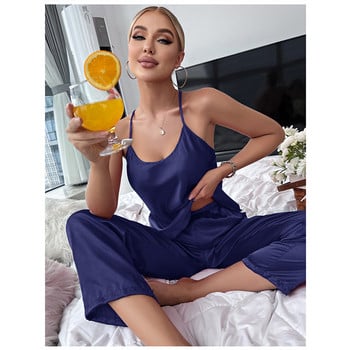 Σετ πυτζάμες σταυρωτής πλάτης Sexy Nightie WomanWomen Sleepwear Πυτζάμες Silk Satin Cami Top Πιτζάμες Σετ καλοκαιρινές πιτζάμες για γυναίκες