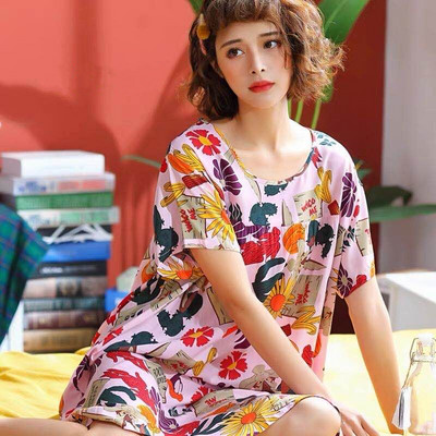 Női nyári pamut hálóingek rövid ujjú koreai bő nagy yard 5XL 100 kg-os hálóing női virágmintás éjszakai ruha