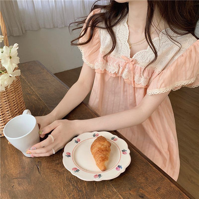 Hálóingek Női Francia társalgó Édes nyári lábszár közepéig Patchwork Vékony háziruházat V-nyakú ruházat Csipke fodrok Egyszerű alkalmi mindennapi