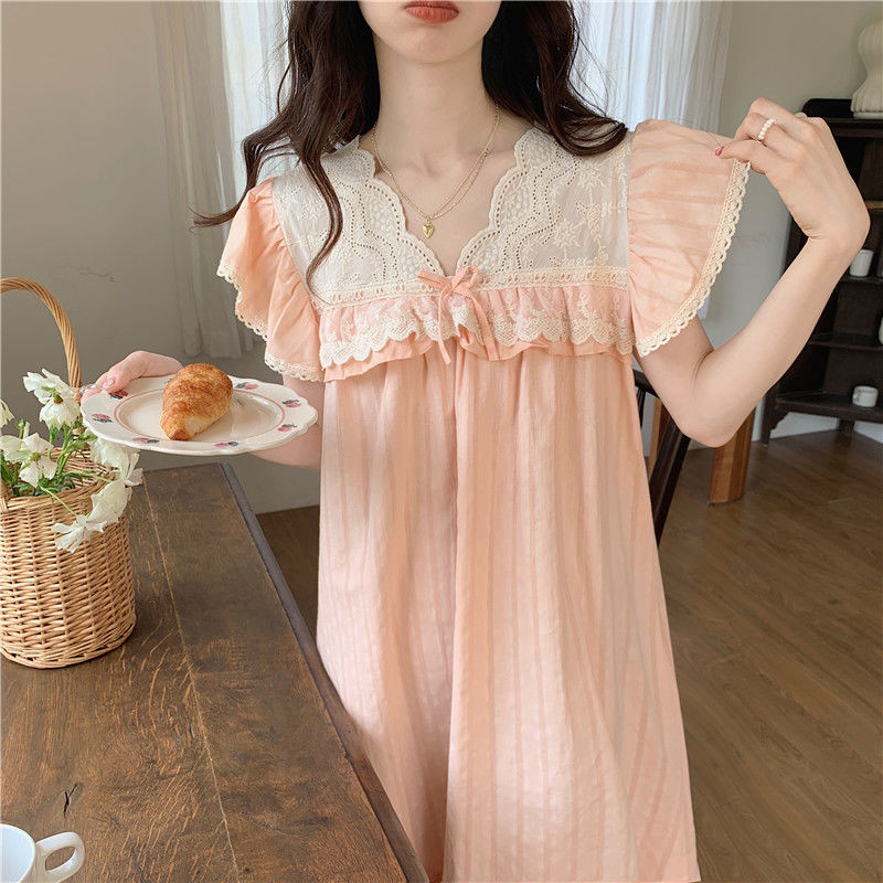 Hálóingek Női Francia társalgó Édes nyári lábszár közepéig Patchwork Vékony háziruházat V-nyakú ruházat Csipke fodrok Egyszerű alkalmi mindennapi
