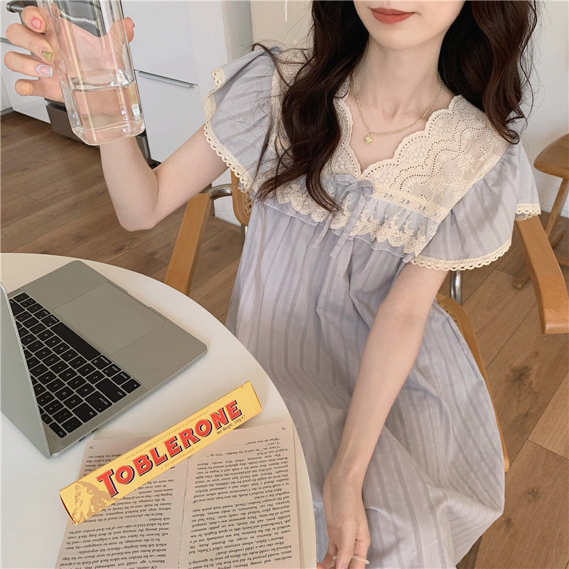 Hálóingek Női Francia társalgó Édes nyári lábszár közepéig Patchwork Vékony háziruházat V-nyakú ruházat Csipke fodrok Egyszerű alkalmi mindennapi