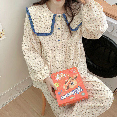 Naiste Korea stiilis pidžaamakomplektid armsad vanaaegsed hubased daamid koolitüdrukud, lihtsa trükiga, magusad igapäevased ööriided, sügisene trendikas riietus