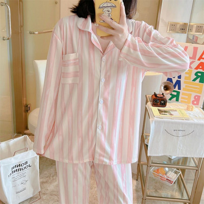 Naiste Korea stiilis pidžaamakomplektid armsad vanaaegsed hubased daamid koolitüdrukud, lihtsa trükiga, magusad igapäevased ööriided, sügisene trendikas riietus