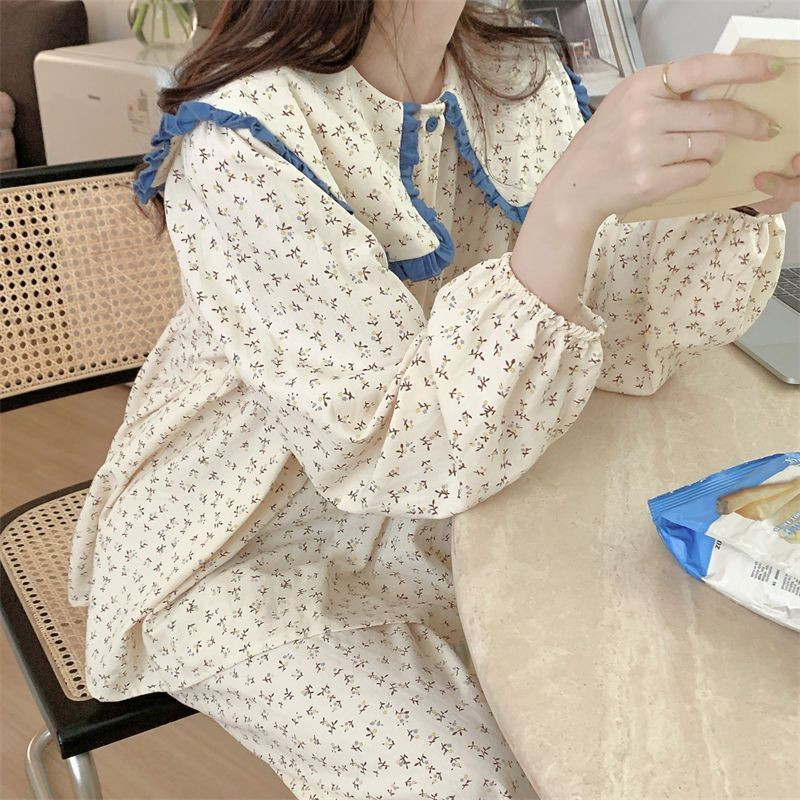 Naiste Korea stiilis pidžaamakomplektid armsad vanaaegsed hubased daamid koolitüdrukud, lihtsa trükiga, magusad igapäevased ööriided, sügisene trendikas riietus