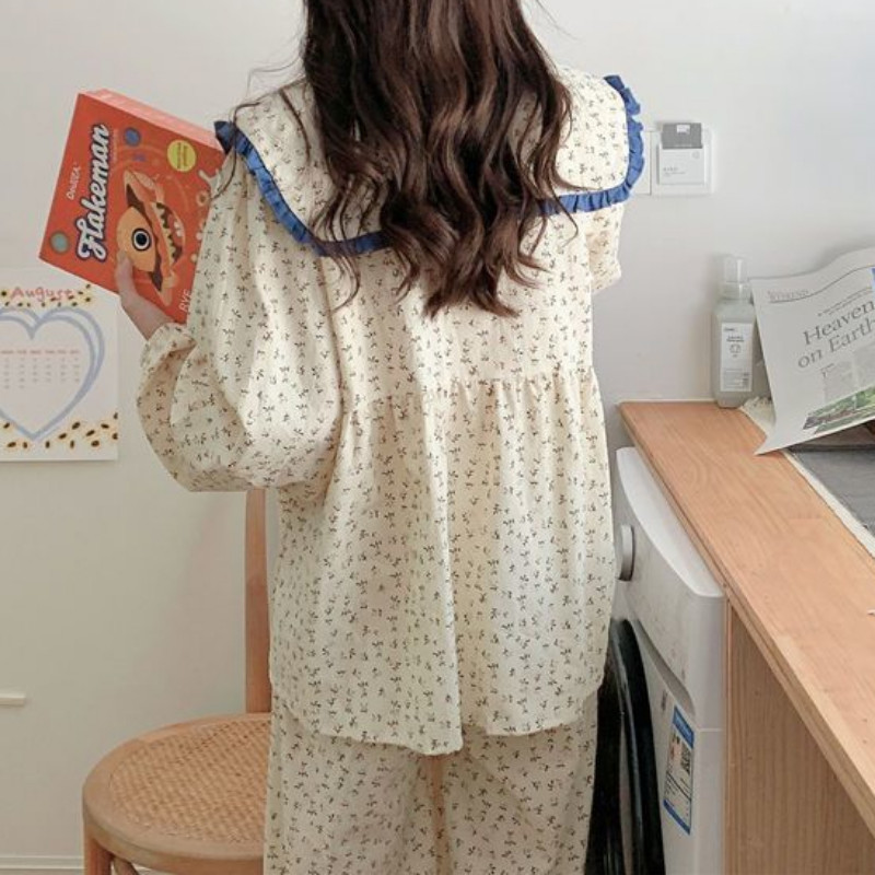 Naiste Korea stiilis pidžaamakomplektid armsad vanaaegsed hubased daamid koolitüdrukud, lihtsa trükiga, magusad igapäevased ööriided, sügisene trendikas riietus