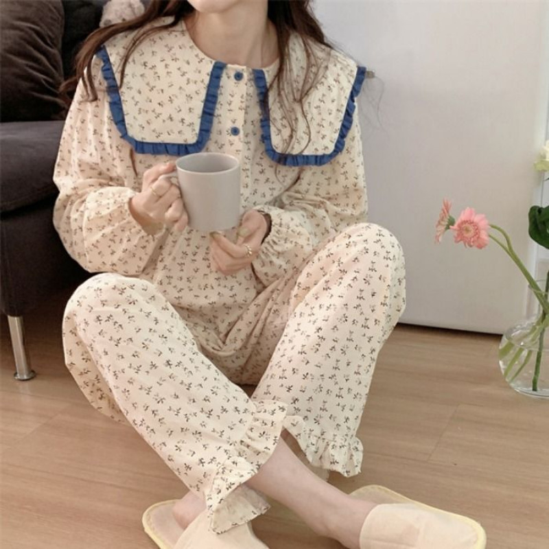 Naiste Korea stiilis pidžaamakomplektid armsad vanaaegsed hubased daamid koolitüdrukud, lihtsa trükiga, magusad igapäevased ööriided, sügisene trendikas riietus
