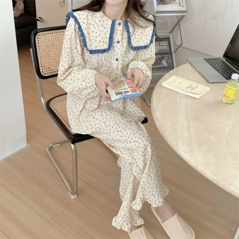 Naiste Korea stiilis pidžaamakomplektid armsad vanaaegsed hubased daamid koolitüdrukud, lihtsa trükiga, magusad igapäevased ööriided, sügisene trendikas riietus