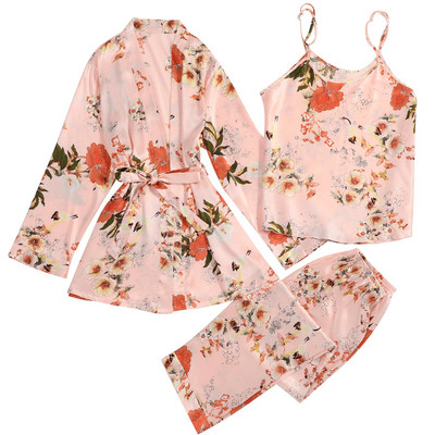 Γυναικεία σατέν πιτζάμες με λουλούδια νυχτικό και γιλέκο και παντελόνι 3 τεμαχίων πιτζάμες κοστούμι πιτζάμες Σέξι νυχτικά