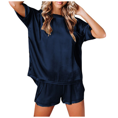 Nyári női szexi divat, kerek nyakú, rövid ujjú, egyszínű szatén zsebes póló rövidnadrág pizsama szett, kétrészes hálóruha#g3