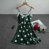 Δαντέλα πυζά Chemise Σέξι σατέν νυχτικό με τύπωμα κουκκίδα Γυναικεία σπαγγέτι υπνοδωματίου για το σπίτι Φορέστε μαλακό σπαστό νυχτικό Ρούχα για το σπίτι