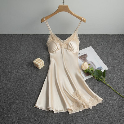 Δαντέλα πυζά Chemise Σέξι σατέν νυχτικό με τύπωμα κουκκίδα Γυναικεία σπαγγέτι υπνοδωματίου για το σπίτι Φορέστε μαλακό σπαστό νυχτικό Ρούχα για το σπίτι