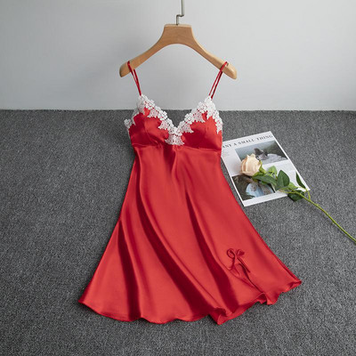 Δαντέλα πυζά Chemise Σέξι σατέν νυχτικό με τύπωμα κουκκίδα Γυναικεία σπαγγέτι υπνοδωματίου για το σπίτι Φορέστε μαλακό σπαστό νυχτικό Ρούχα για το σπίτι