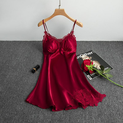 Δαντέλα πυζά Chemise Σέξι σατέν νυχτικό με τύπωμα κουκκίδα Γυναικεία σπαγγέτι υπνοδωματίου για το σπίτι Φορέστε μαλακό σπαστό νυχτικό Ρούχα για το σπίτι