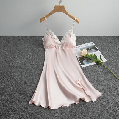 Δαντέλα πυζά Chemise Σέξι σατέν νυχτικό με τύπωμα κουκκίδα Γυναικεία σπαγγέτι υπνοδωματίου για το σπίτι Φορέστε μαλακό σπαστό νυχτικό Ρούχα για το σπίτι