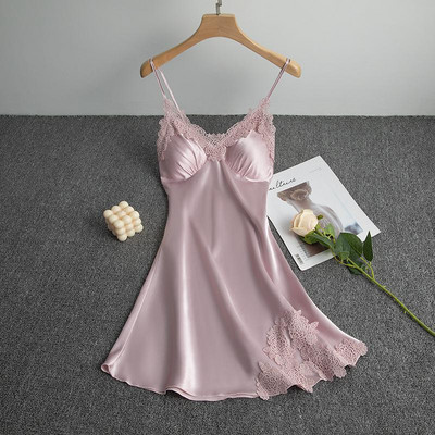 Δαντέλα πυζά Chemise Σέξι σατέν νυχτικό με τύπωμα κουκκίδα Γυναικεία σπαγγέτι υπνοδωματίου για το σπίτι Φορέστε μαλακό σπαστό νυχτικό Ρούχα για το σπίτι