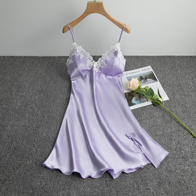 Δαντέλα πυζά Chemise Σέξι σατέν νυχτικό με τύπωμα κουκκίδα Γυναικεία σπαγγέτι υπνοδωματίου για το σπίτι Φορέστε μαλακό σπαστό νυχτικό Ρούχα για το σπίτι