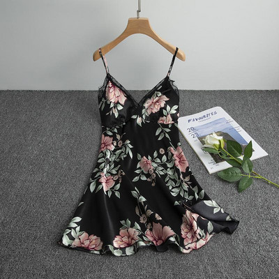 Δαντέλα πυζά Chemise Σέξι σατέν νυχτικό με τύπωμα κουκκίδα Γυναικεία σπαγγέτι υπνοδωματίου για το σπίτι Φορέστε μαλακό σπαστό νυχτικό Ρούχα για το σπίτι