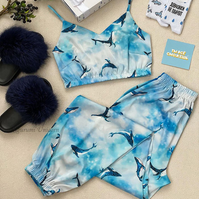Delfīnu apdrukas zīda satīna pidžamas komplekts Sieviešu jauns vasaras guļamveļa Dzīvnieks Rudens Seksīgas pidžamas Sieviešu mājas apģērbs Brīvs atpūtas apģērbs