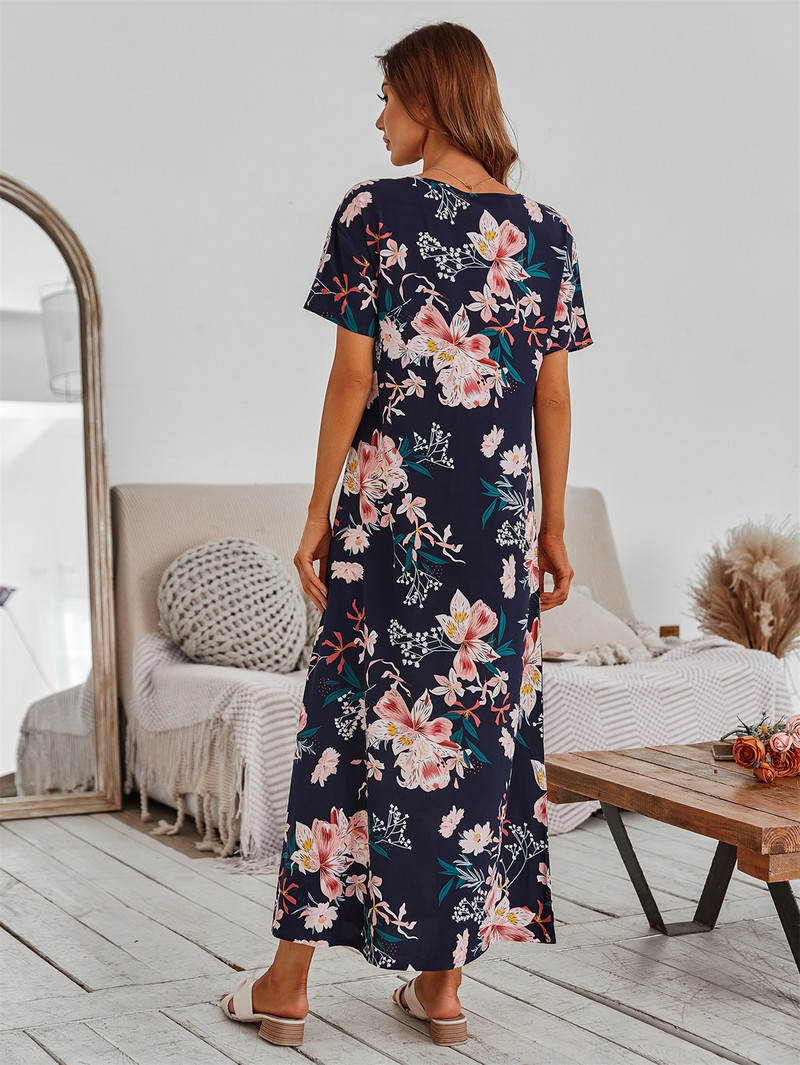 Ljetne najnovije ženske duge spavaćice s tankim dijelovima, udobne spavaće haljine s cvjetnim uzorkom kratkih rukava