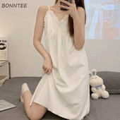 Sieviešu naktskrekli līdz ceļiem, mājīgi V veida kakla izgriezums, seksīgi saldi volāni naktskrekli vasaras Ulzzang bezpiedurknēm dāmu vienkārša dizaina elpojoši