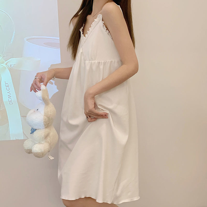 Sieviešu naktskrekli līdz ceļiem, mājīgi V veida kakla izgriezums, seksīgi saldi volāni naktskrekli vasaras Ulzzang bezpiedurknēm dāmu vienkārša dizaina elpojoši