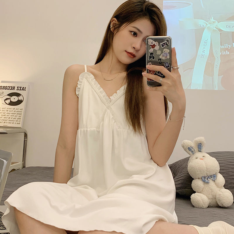 Sieviešu naktskrekli līdz ceļiem, mājīgi V veida kakla izgriezums, seksīgi saldi volāni naktskrekli vasaras Ulzzang bezpiedurknēm dāmu vienkārša dizaina elpojoši