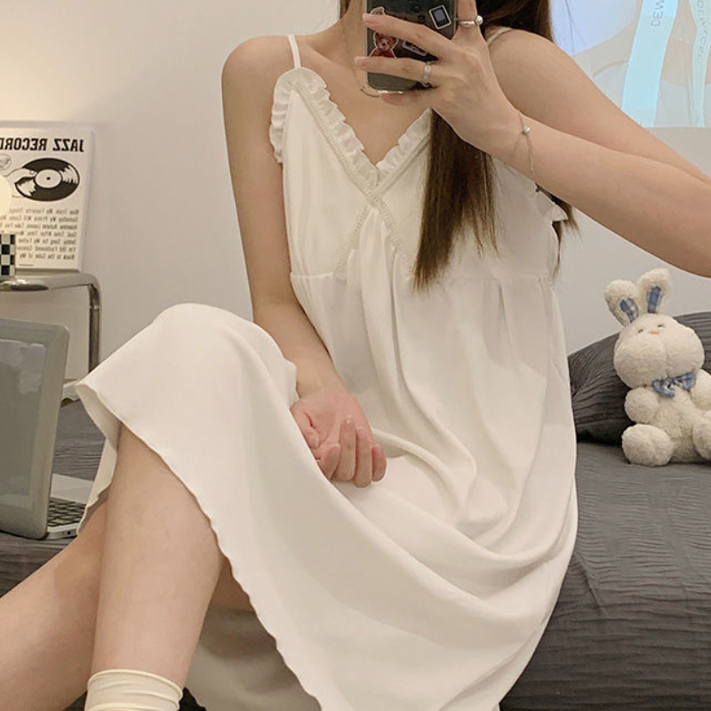 Sieviešu naktskrekli līdz ceļiem, mājīgi V veida kakla izgriezums, seksīgi saldi volāni naktskrekli vasaras Ulzzang bezpiedurknēm dāmu vienkārša dizaina elpojoši