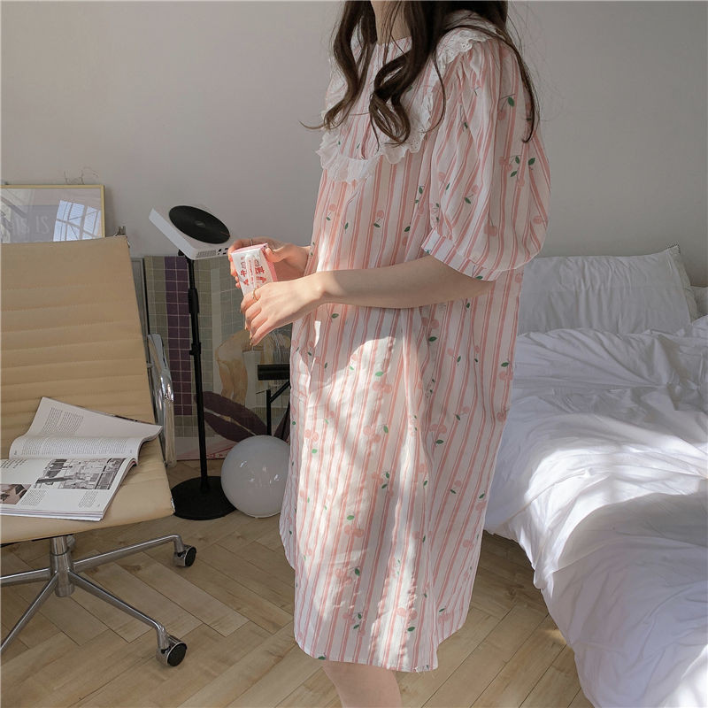 Hálóingek Női Sweet Girl Cseresznyemintás Divatos Térdig érő Japán Stílus Hangulatos Hálóruha Maiden O-nyak Lámpás Ujj Nyári