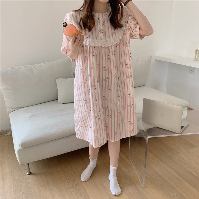 Hálóingek Női Sweet Girl Cseresznyemintás Divatos Térdig érő Japán Stílus Hangulatos Hálóruha Maiden O-nyak Lámpás Ujj Nyári