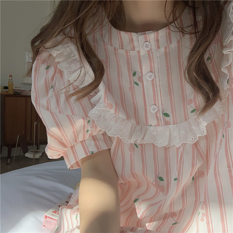 Hálóingek Női Sweet Girl Cseresznyemintás Divatos Térdig érő Japán Stílus Hangulatos Hálóruha Maiden O-nyak Lámpás Ujj Nyári