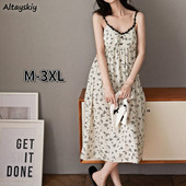 Ujjatlan hálóingek Női Nagyméretű Nyári Vintage Elegáns V-nyakú Egyszerű virágos Elegáns Női Háziruha Koreai divatos hálóruha