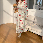 Kirsimustriga naiste öösärk, kevad-sügis Korea stiilis naiste öösärk, magusate nööpidega keskmise pikkusega kleit naistele