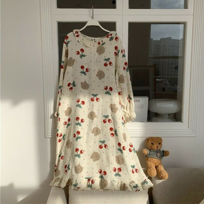 Kirsimustriga naiste öösärk, kevad-sügis Korea stiilis naiste öösärk, magusate nööpidega keskmise pikkusega kleit naistele