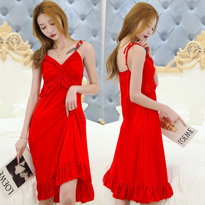 Γυναικεία καλοκαιρινά νυχτικά με V λαιμόκοψη Σέξι μεταξωτό φαρδύ νυχτερινό πουκάμισο με λουράκι Φόρεμα Big Yards 5XL Κομψό αμάνικο δαντέλα