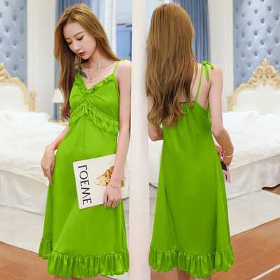 Γυναικεία καλοκαιρινά νυχτικά με V λαιμόκοψη Σέξι μεταξωτό φαρδύ νυχτερινό πουκάμισο με λουράκι Φόρεμα Big Yards 5XL Κομψό αμάνικο δαντέλα